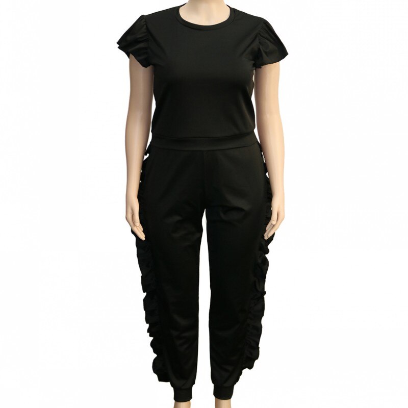 4XL Plus Size Casual Women Set Short Sleeve T Shirt Top And Ruched Splice Pant Suit Solid Streetwear 2 Piece Set Outfits: 4XL