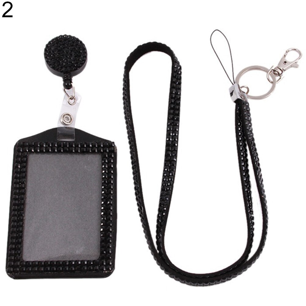 Retractable ID Badge Neck Lanyard Rhinestone Case Name Tag Card Holder Cover: Black
