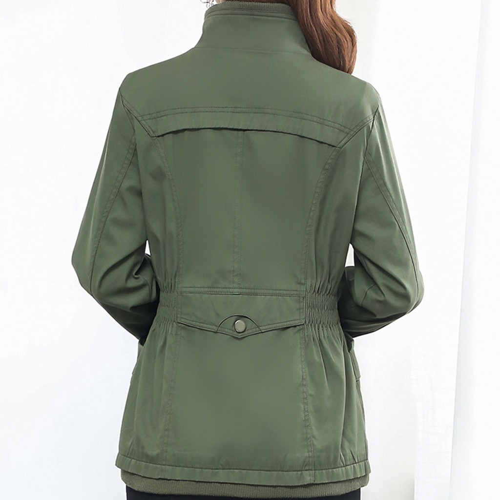 Solid Green Women Long Sleeve Jacket Windbreaker Parka Pockets Cardigan Coat Autumn Outwear Women Clothes#G30