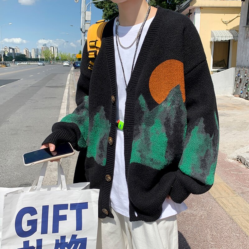 Mode Jacquard Gebreide Trui Top Lange Mouwen Losse Vest Mannen High Street Casual Sweatercoat Zwart/Wit