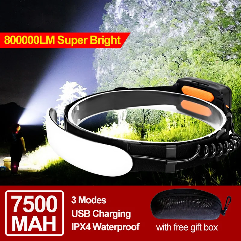 7500Mah 220 ° 800000lm Koplamp Draagbare Mini Cob Led Koplamp Met Ingebouwde Batterij Zaklamp Usb Oplaadbare Koplamp Zaklamp