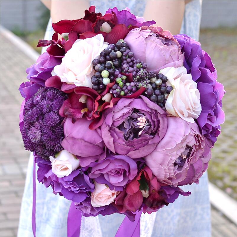 JaneVini Romantic Purple Bridal Bouquets with Lace Handle Artificial Silk Rose Wedding Flowers Bride Accessories Ramo Novia: Default Title