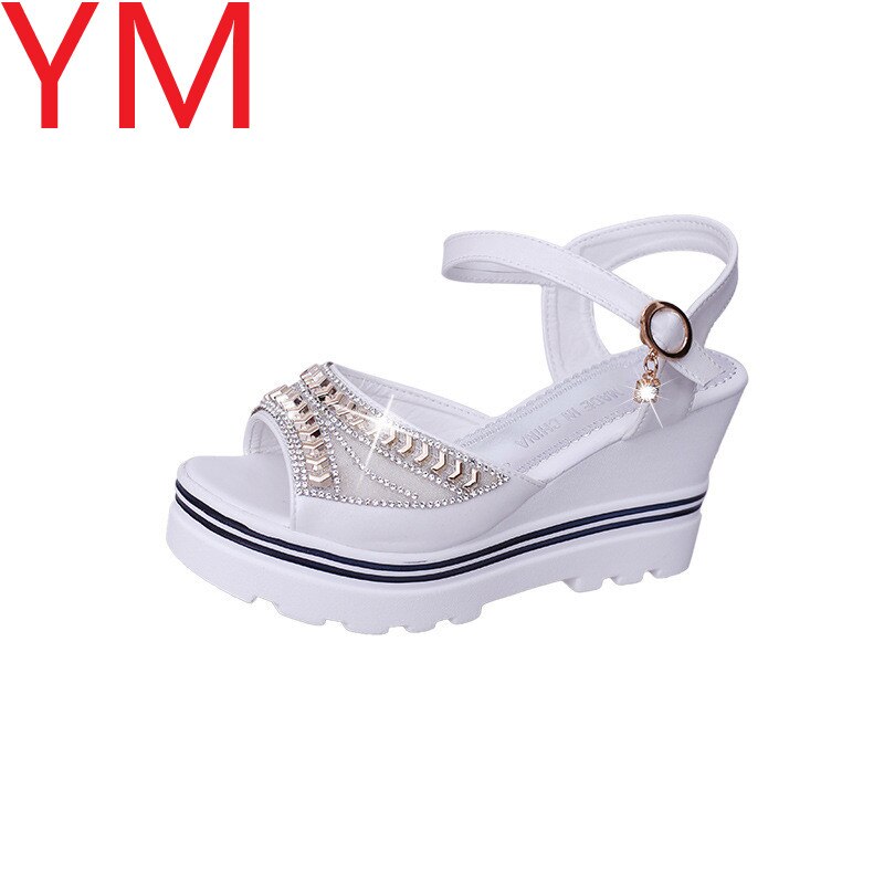 Rom kvinnor sandaler casual wedge sandaler sommar peep toe ankelrem med häl plattform pump kristall arbete kvinnor skor