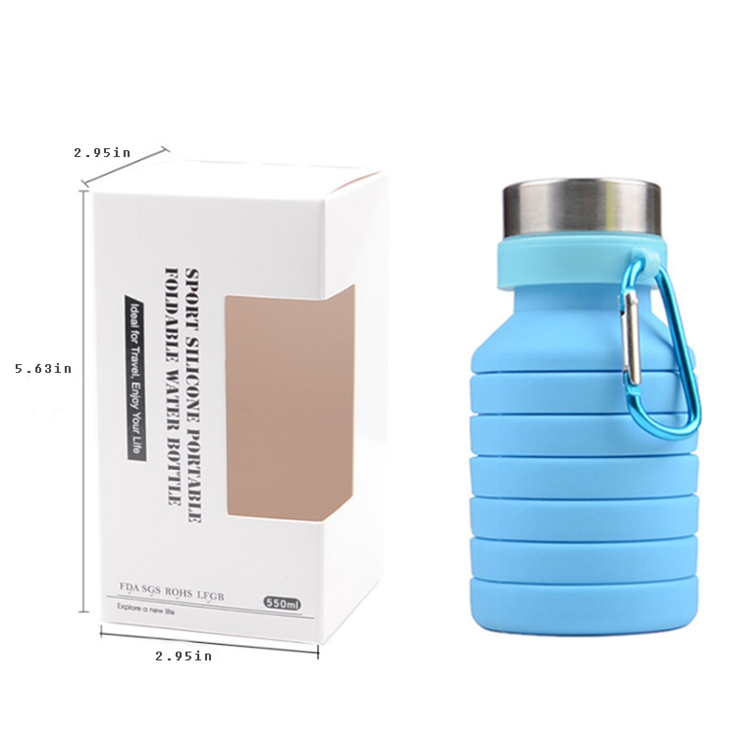 Joudoo 18Oz Opvouwbare Water Fles Met Rvs Cap Karabijnhaak, Lekvrij En Draagbare BZ013.