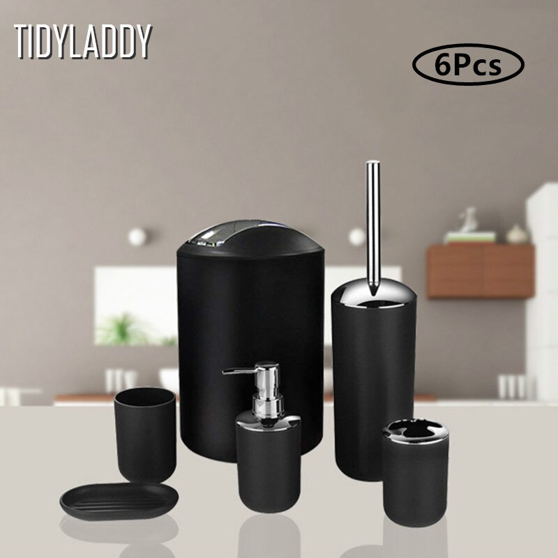 6 stk badeværelse tilbehør sæt tandbørsteholder kop sæbe dispenser fad toilet børste skraldespand plast tumbler kop vaskerum værktøj
