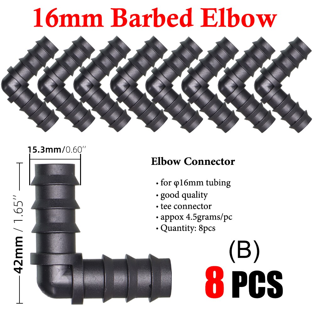 Garden Irrigation 16 20 25mm Tubing Barbed Connector Fitting Tee Elbow Couplings End Plug Shut Off Micro Drip Hose Adapter: BX8PCS