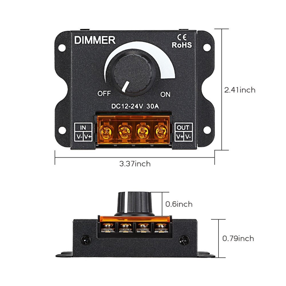 PWM Dimming Controller for LED Strip Light, DC 12V - 24V Dimmer Knob ON/OFF Switch with Aluminum Housing, Single Channel 30A