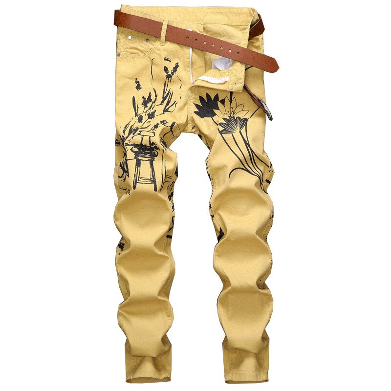 Print Casual Jeans Pants Men Slim Fit Denim Pant Jean Joggers Men Hip Hop Streetwear Trousers Clothing Khaki WA112: 38