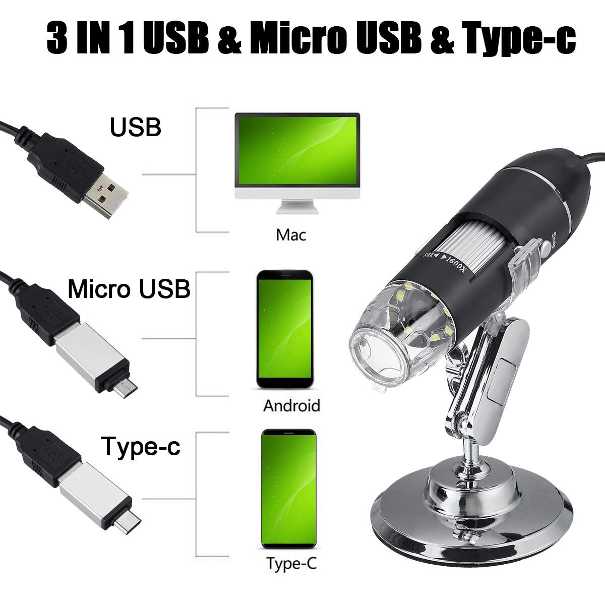 3 in 1 digital usb type-c mikro usb mikroskop forstørrelses kamera 8 led stativ til android digitalt mikroskop 500x 1000x 1600x