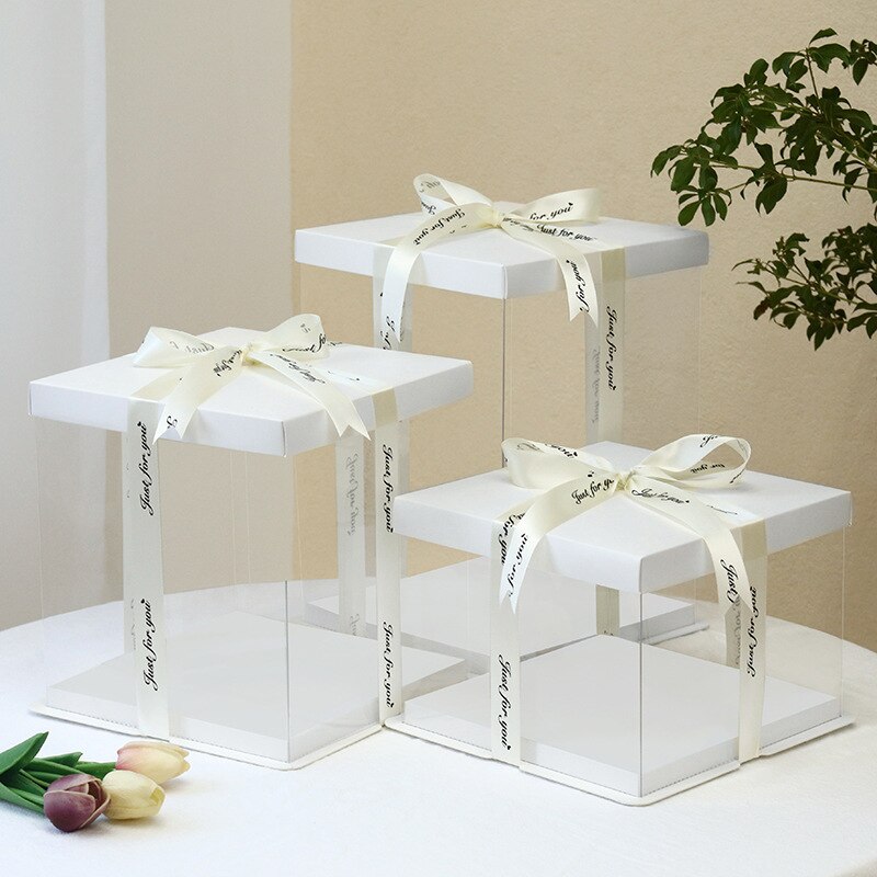 30cm Clear Rose Teddy Bear Packaging Box PVC Transparent Cake Boxes for Wedding Anniversary Birthday Baby Shower Supplies