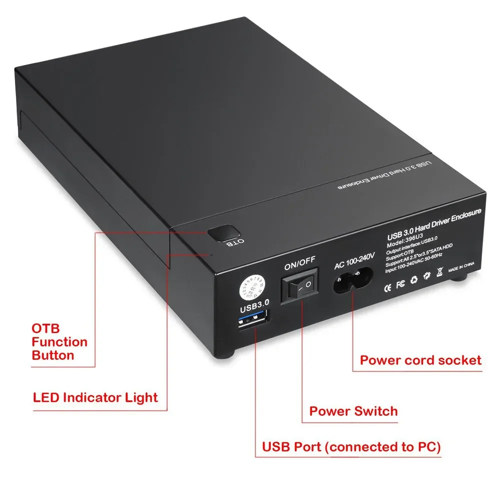3.5 Inch USB 3.0 to SATA III External Hard Drive Enclosure Case Built-in Adapter Support Both 2.5" & 3.5" SATA HDD SSD Tool Free