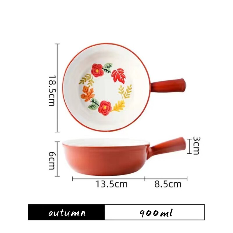 Ceramic Glaze Baking Bowl with Handle Salad Bowls Barbecue Cheese Baked Rice Baking Pan Round 4 Seasons Bakeware Home Decoration: autumn