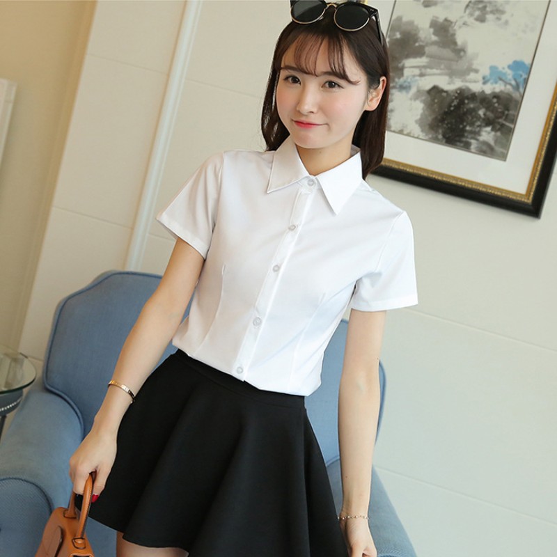 Camisa blanca de coreana para mujer, blusa de manga corta de otoño, Tops ajustados para oficina para mujer, camisa para estudiante de S-5XL, ropa para mujer