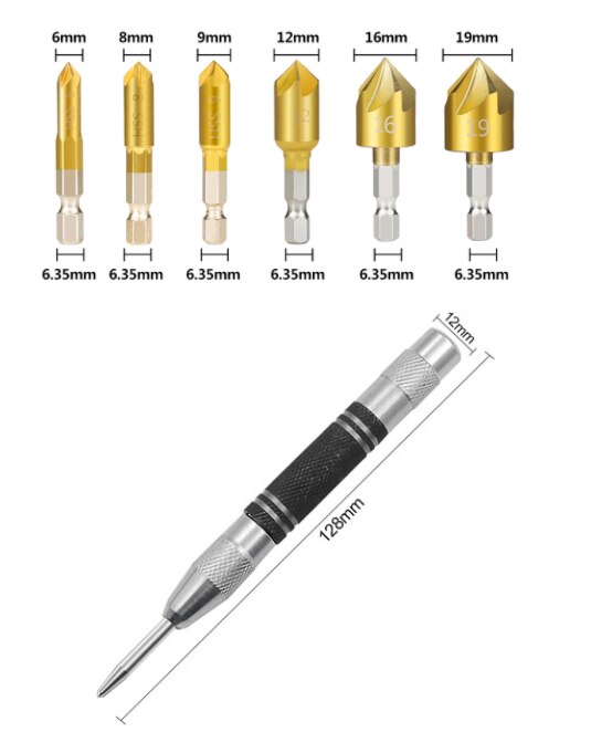 6 stücke Senker Bohrer einstellen 1/4&#39;&#39; verhexen Schaft HSS 5 Flöte Senker 90 Grad Holz Anfasen Cutter Fase 6mm-19mm: einstellen A