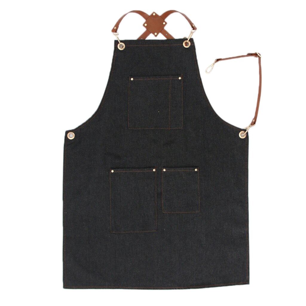 Leather Strap Denim Bib Apron BBQ Baker Bartender Barista Chef Work Uniform: Black C