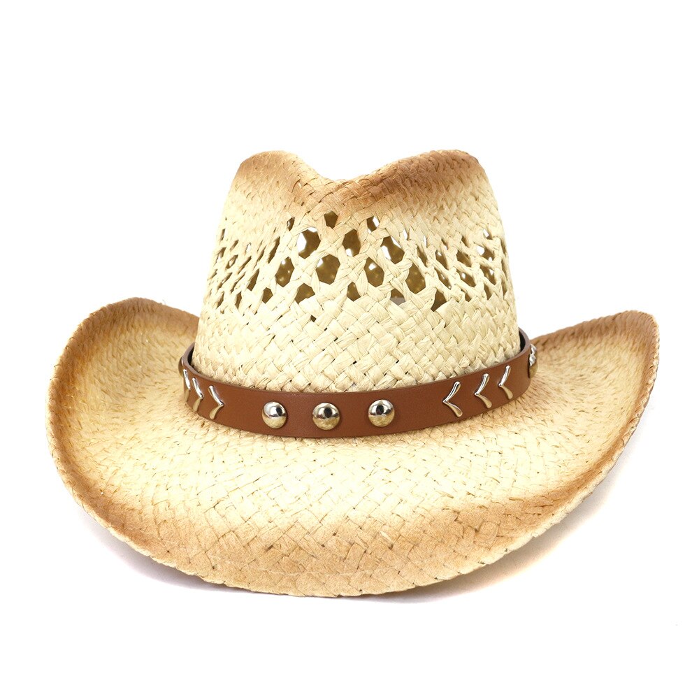 Hoaree cowboy chapéus estilo ocidental verão chapéu de palha artesanal tricô aba larga panamá rosa roxo preto cáqui chapéu de sol: Cáqui