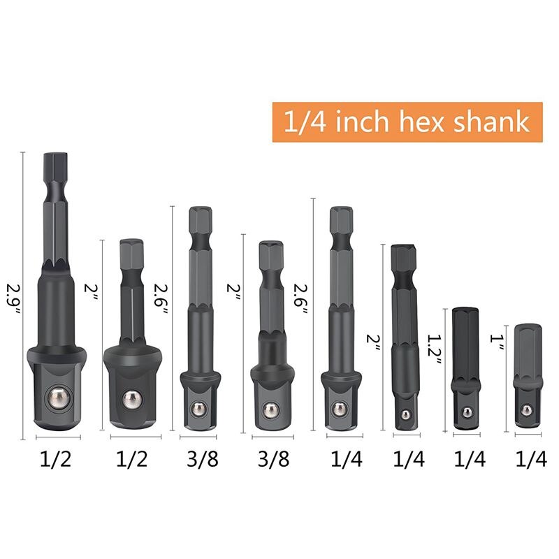 Drill Socket Adapter for Impact Driver with Hex Shank to Square Socket Drill Bits Bar Extension set 8 Pieces