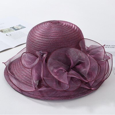 Ploermin Organza Zon Hoeden Vrouwen Bloem Zomer Bruiloft Caps Vrouwelijke Elegante Bloemen Uv Kerk Hoeden Mode: Rose purple