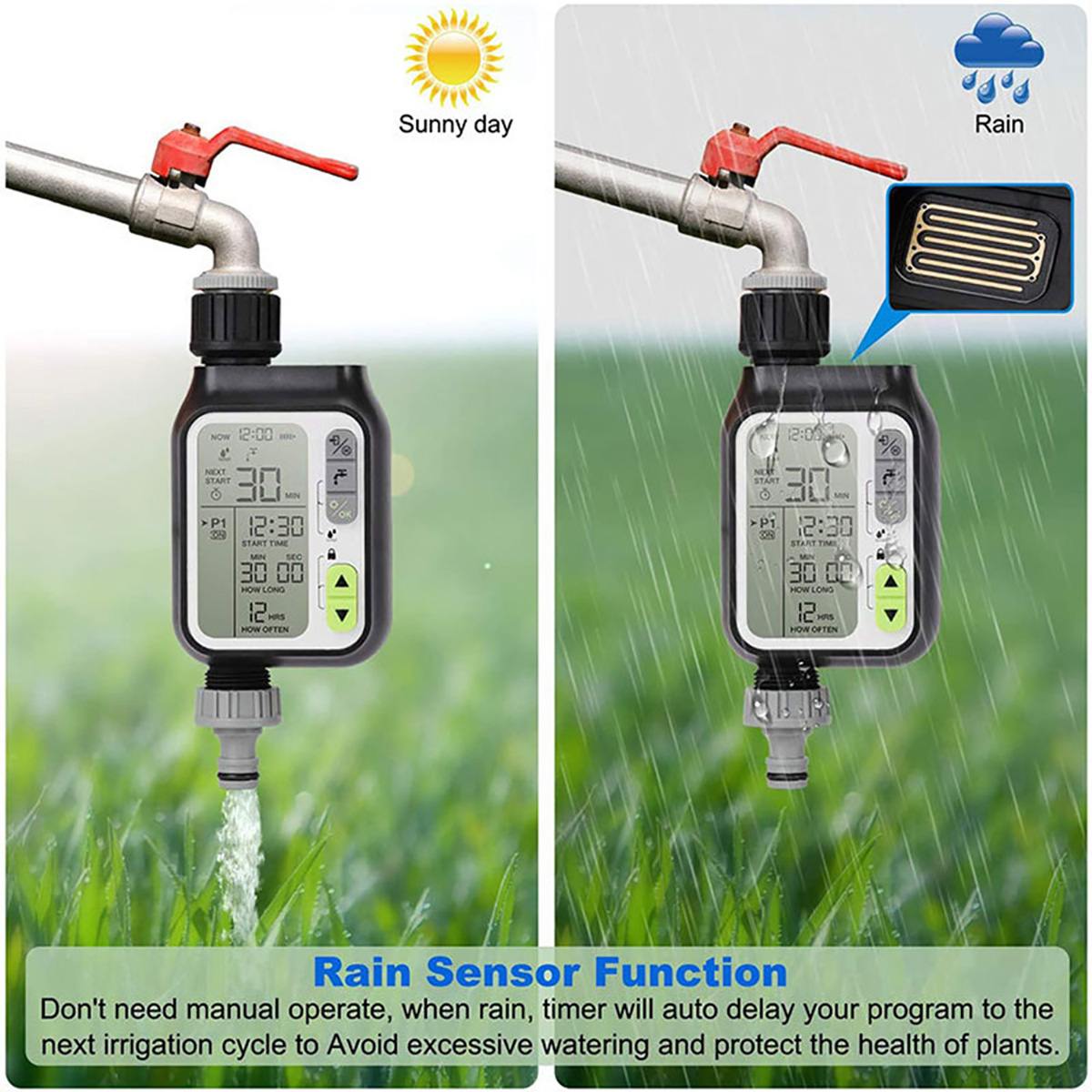 Temporizador de riego automático por goteo para jardín, sistema de controlador de riego Digital electrónico, Sensor de lluvia, bloqueo infantil separado