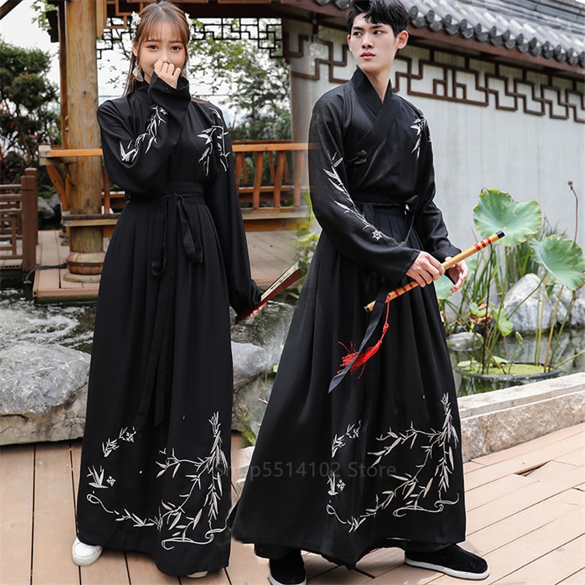 Hanfu-ropa tradicional china antigua para hombres y mujeres, traje bordado de bambú negro, conjunto de ropa de calle para parejas, trajes para adultos