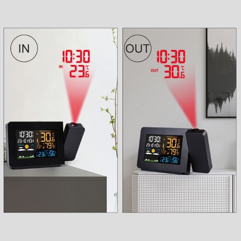 LCD Digital Alarm Clock Calendar LED Projection Weather Thermometer Indoor Outdoor Temperature Humidity Projector