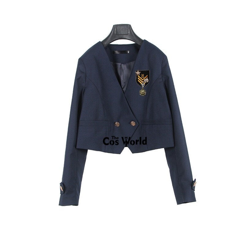 [Gao Qiao Zhong] Japanese Womens Girls Spring Autumn Collarless Suits Blazer Long Sleeve Jackets Coats For JK School Uniform: Navy Blue / M