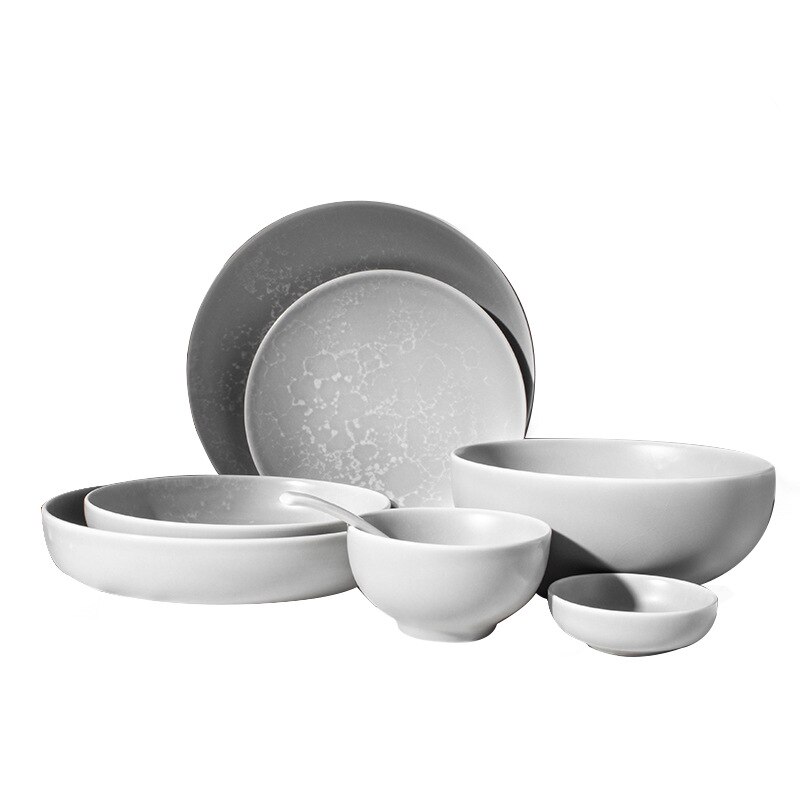Nordic Eenvoudige Keramische Servies Ronde Grijs Marmer Servies Restaurant Fruit Salade Dessert Kommen En Borden Set Keuken Bar