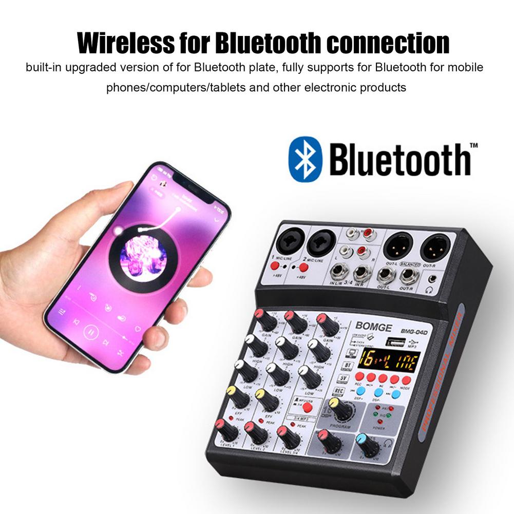 Wireless 4-channel Audio Mixer Portable Sound Mixing Console USB Interface MP3 Computer Input 48V Phantom Power Monitor For Home