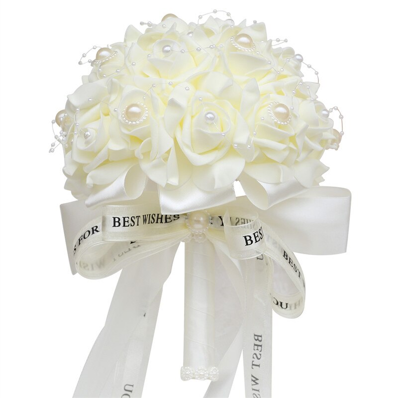 Fleur Rose PE Bouquet demoiselle d'honneur tenant des fleurs mariée ruban De soie Bouquets De Mariage mousse Rose avec perle fête De Mariage W205: ivory