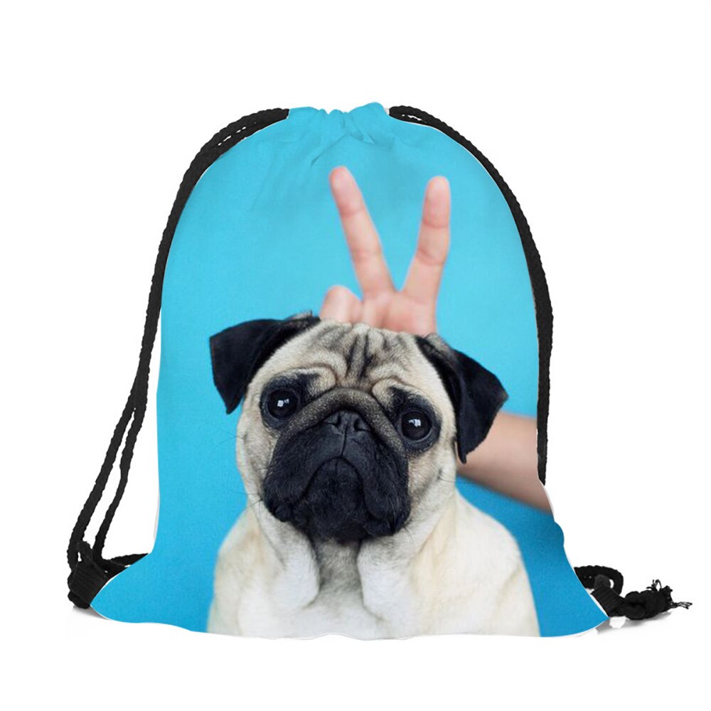 Pug Dog-Mochila con estampado 3D para mujer y niña, bolsa de viaje con cordón, de poliéster ecológico,