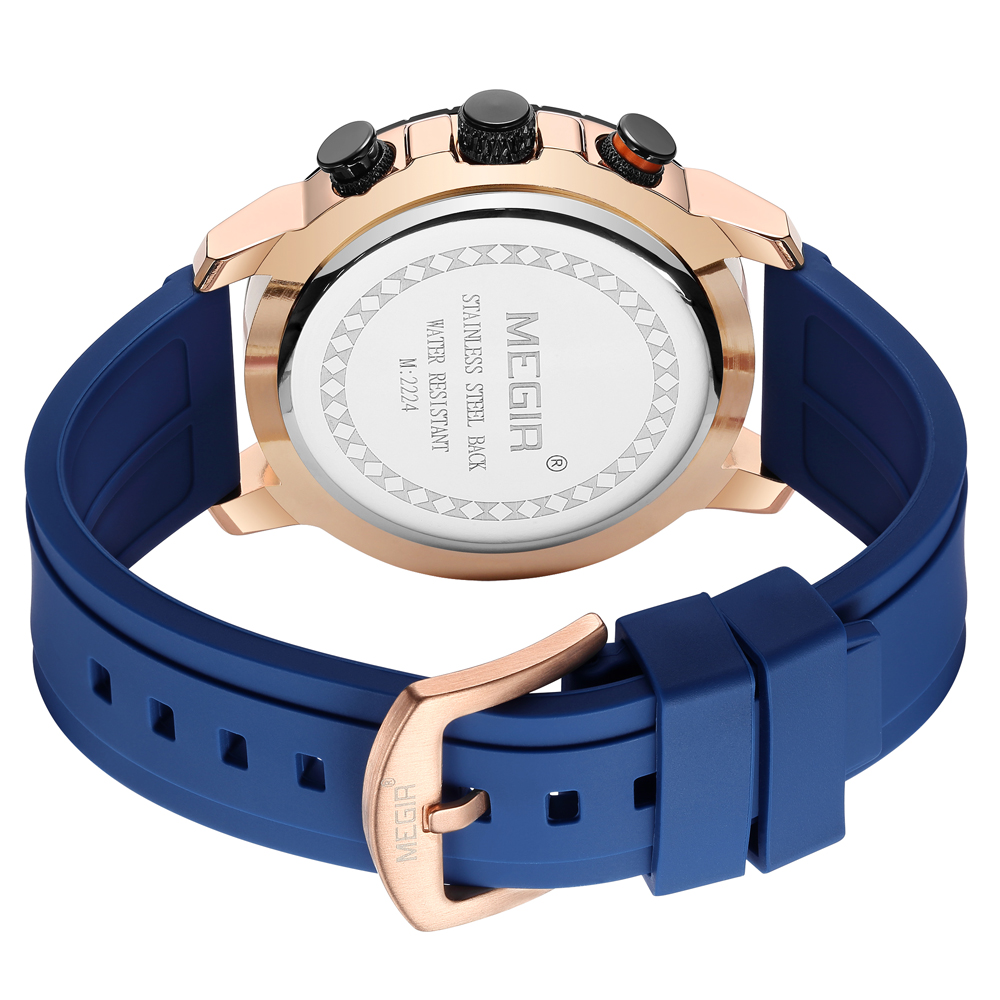 Megir oranje chronograaf sporthorloge voor heren met siliconen band, waterdicht, met lichtgevende wijzers, automatische datumweergave en 24-- uurs weergave.