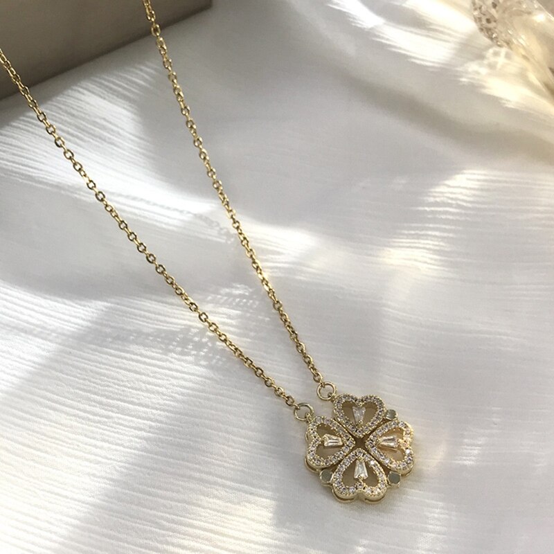 Klavertje Vier Ketting Magnetische Vouwen Hartvormige Sleutelbeen Chain Te Openen Choker Sieraden Opknoping Hanger Voor Vrouwen