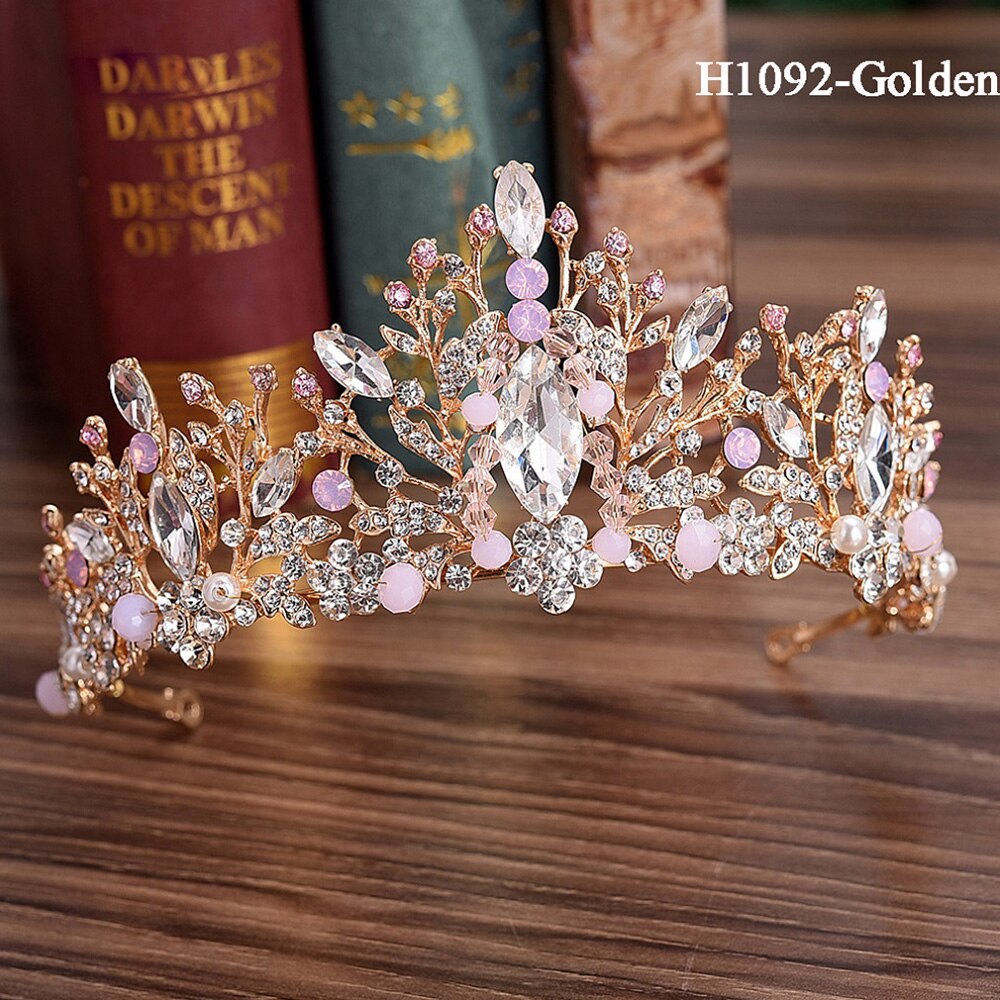 Traugel-couronne de mariée en or, diadème de luxe, couronne de mariage, accessoires de bijouterie pour femmes: H1092-Golden