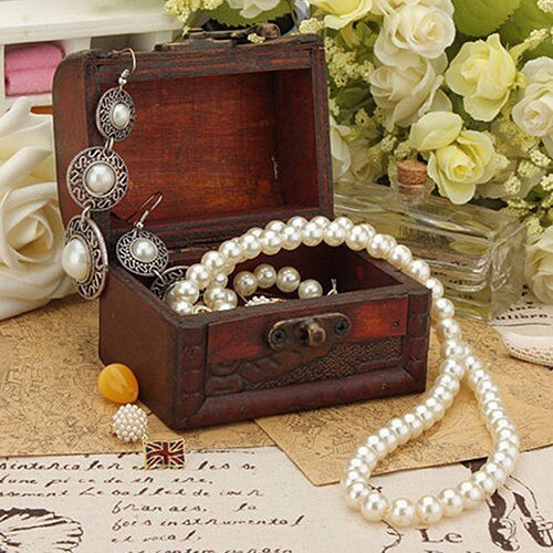 Houten geschenkdoos Vintage Metalen Slot Sieraden Schat Borst Case Handleiding Parel Ketting Armband Organizer