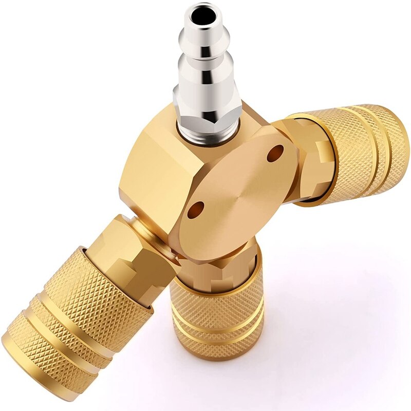 Air Splitter, 3-Way Air Manifold with 3 Pieces Brass Industrial Coupler and 1/4Inch Male NPT Plug, Quick Connect Fitting