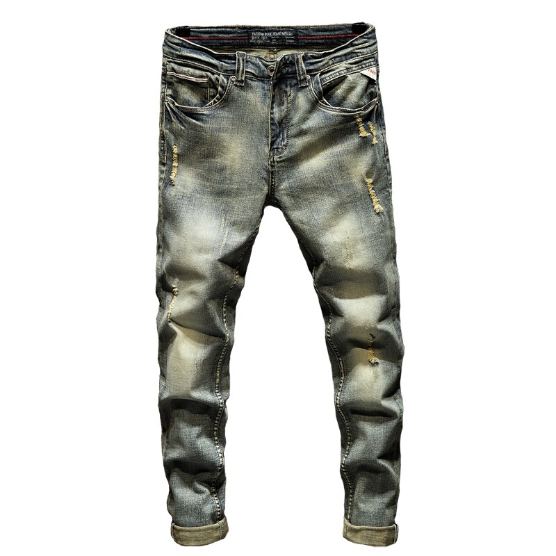 Ripped jeans til mænd slim fit retro blå stretch hip hop forår efterår herre jeans mærke ødelagt iturevne mænds denim jeans: 33