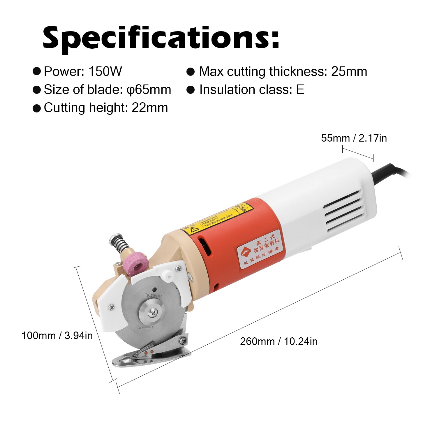 Draagbare elektrische snijmachine voor stoffen met 65mm roterende messen