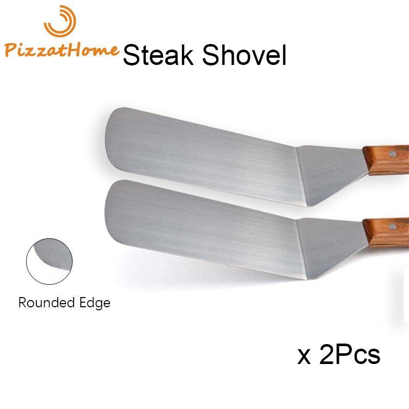 PizzAtHome-ESPÁTULA de acero inoxidable para parrilla, pala para carne con mango de madera, herramienta para barbacoa, girador de carne, pala redonda y cuadrada: Round 2Pcs Set