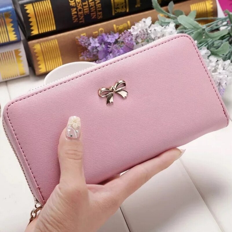 Porte-monnaie en cuir PU, porte-monnaie à grande capacité, solide, Long Style, porte-monnaie carte à glissière avec nœud papillon: Rose