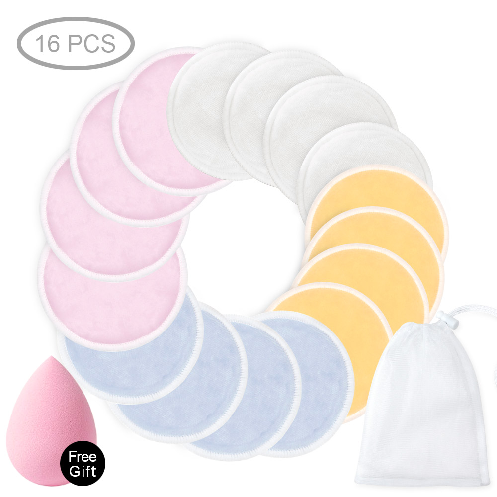 Washable Cotton Pads Reusable Cottons Bamboo Makeup Remover Pads Washable Wipe For Make-up Removal Three Layers With Laundry Bag: 16pc 4Colour with ba