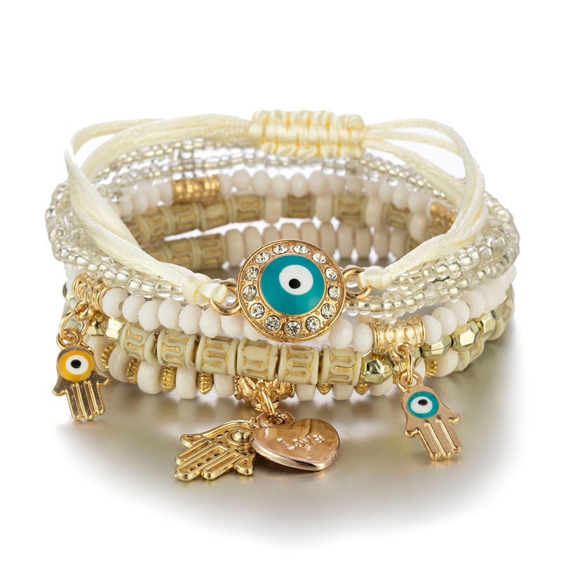 conjunto de pulsera con borlas de mal de ojo para mujer, abalorio de mano de Fátima de cristal, brazalete de cadena con cuentas de piedra, de joyería bohemia para mujer: Color dorado