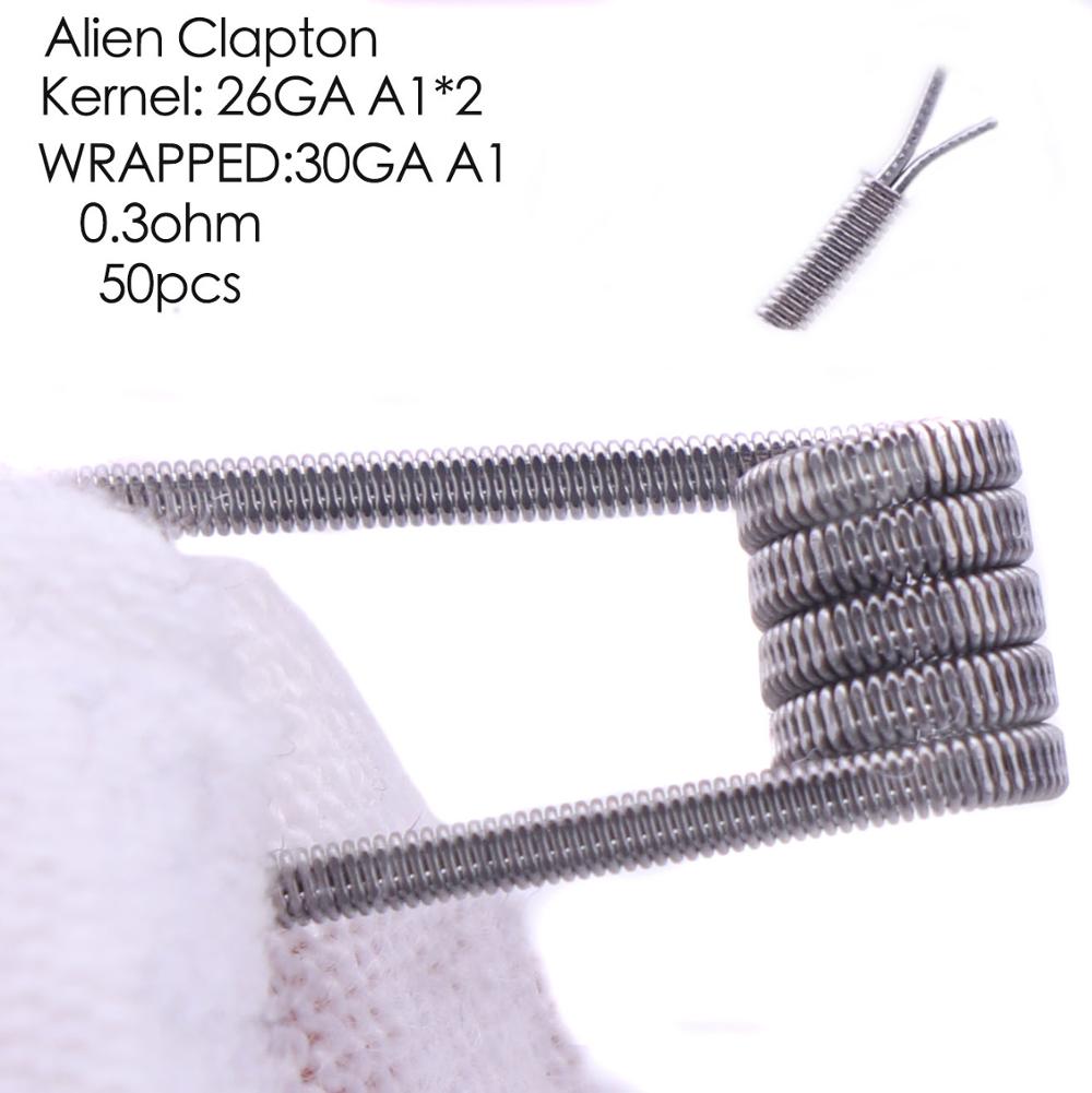 XFKM 50 pcs alien fused clapton tiger mix flat twisted coils premade wrap wires Quad hive Heating Resistance coil a1: alien 0.3 a1 50