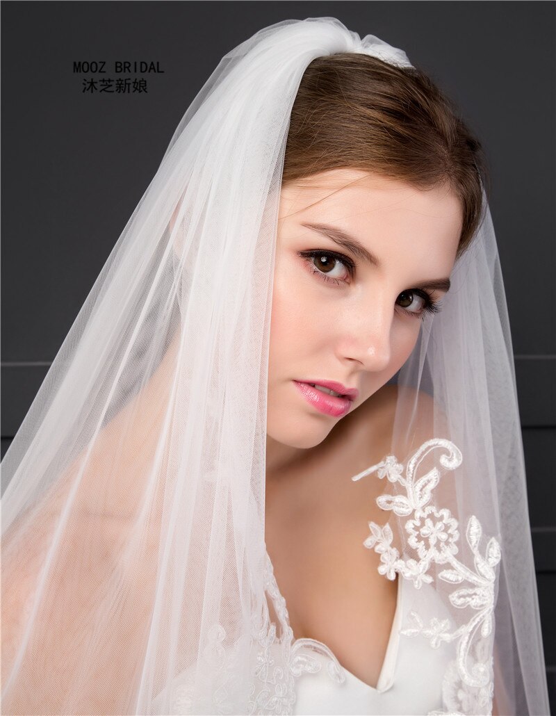 Coude longueur voile en Stock deux couches Appliques dentelle doux Tulle mariage voiles de mariée avec peigne en métal