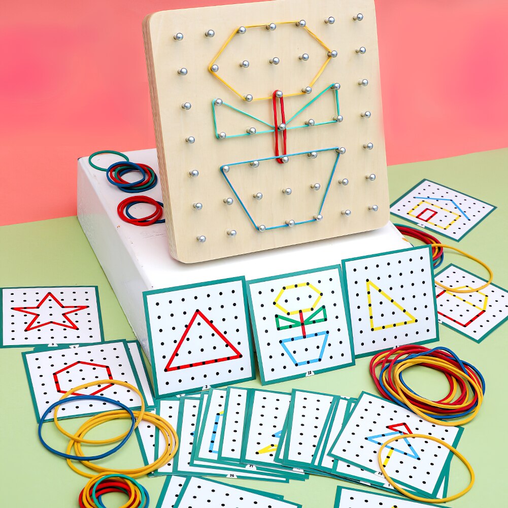 Geometry Geoboard Shape Wooden with Activity Pattern Cards Inspire Kids Imagination Educational Toys