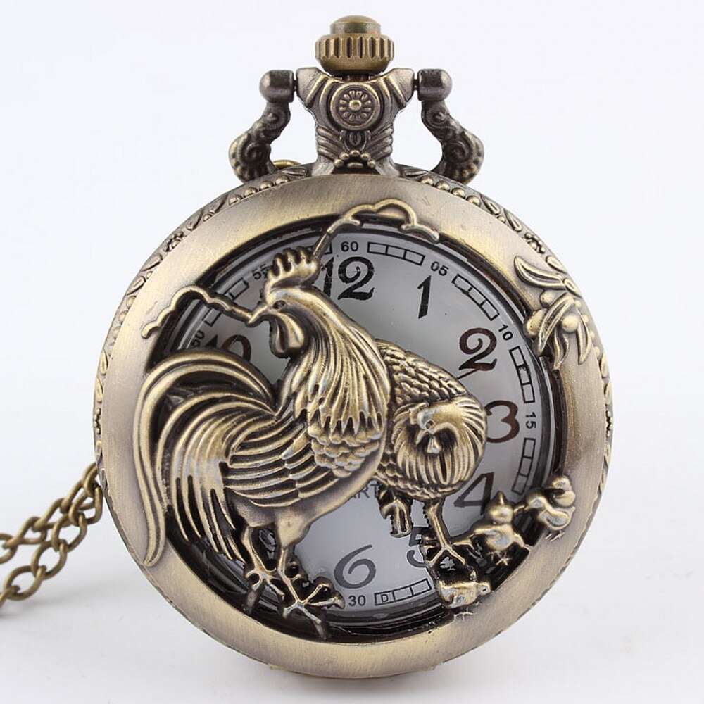 Retro Bronze Wolf Hollow Quartz Pocket Watch Mens Women Necklace Pendant FOB Chain Steampunk Pocket Watches: cock