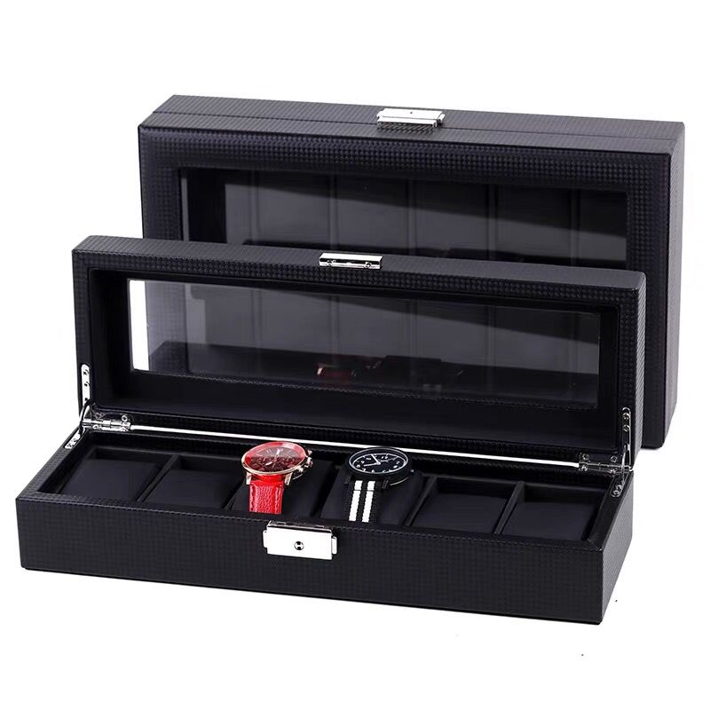 3/6/12 slots kulfiber urboks læder sort ur display box med lås herre ure organizer