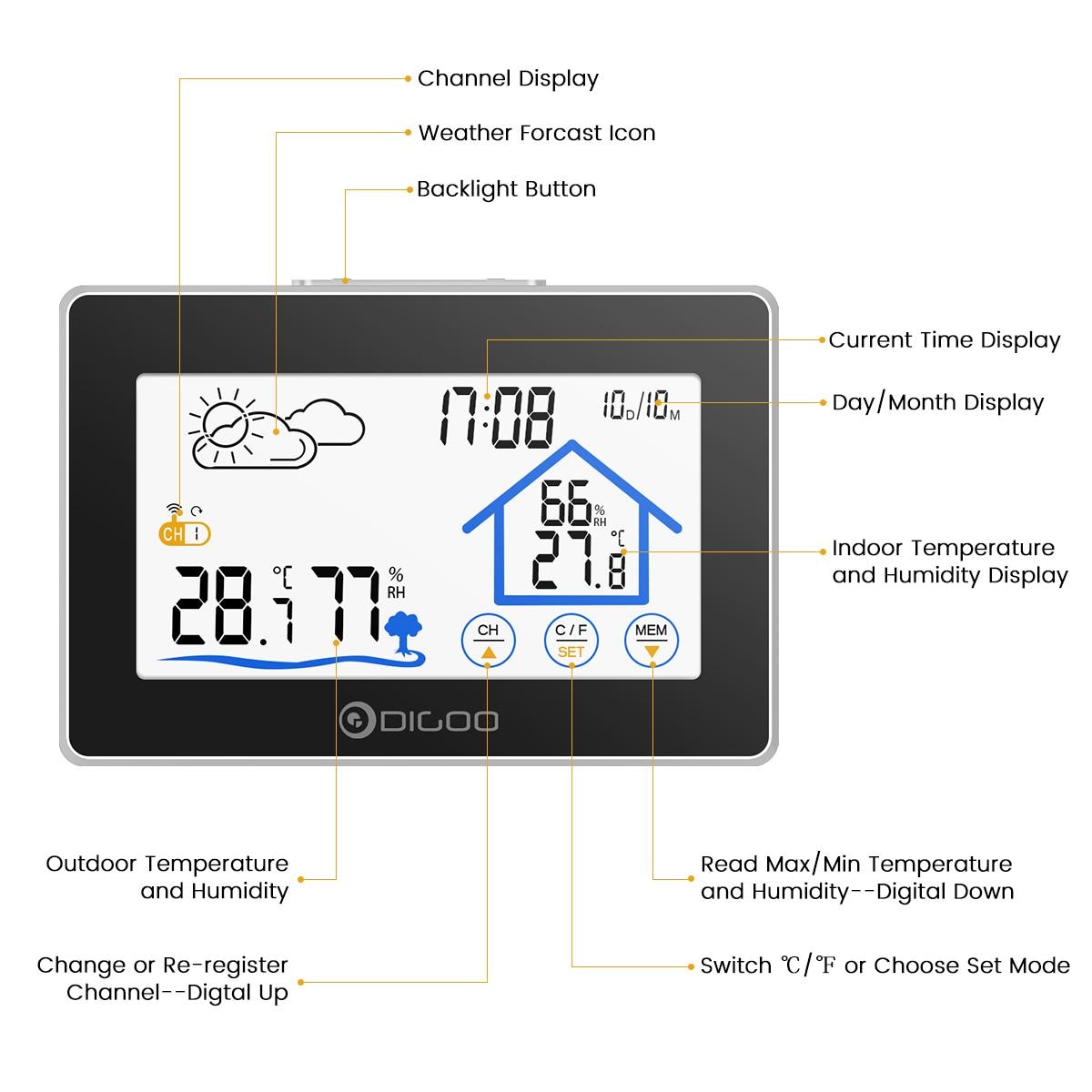 Digoo DG-TH8380 Big Screen Weather Station Thermometer Forecast Sensor IN/Outdoor Sensor with Temperature, Humidity