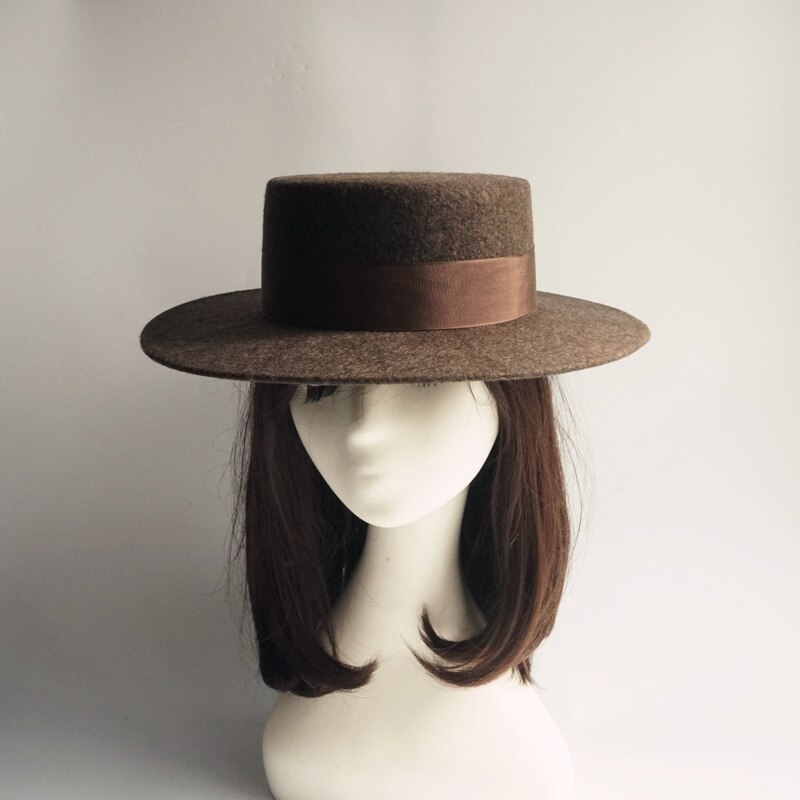 Brown colorblock jazz top hat men and women flat winter wool felt hat: picture 3