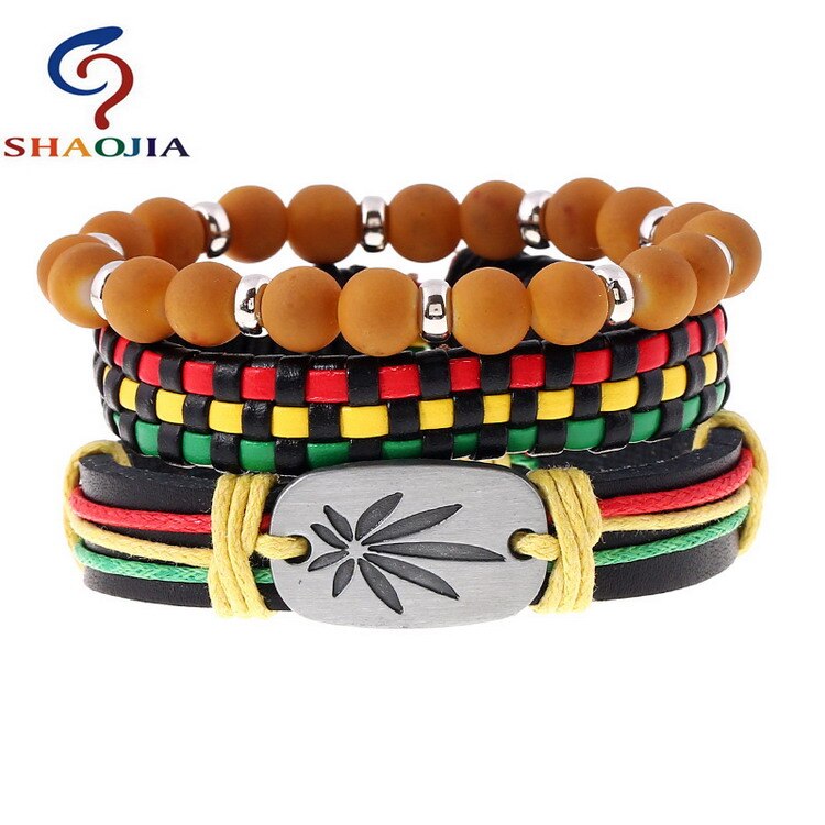 Leren armbanden sieraden heren modieuze jamaica armband verstelbare maat elastische kralen armband esdoornbladeren weven wikkelarmband: Tz018