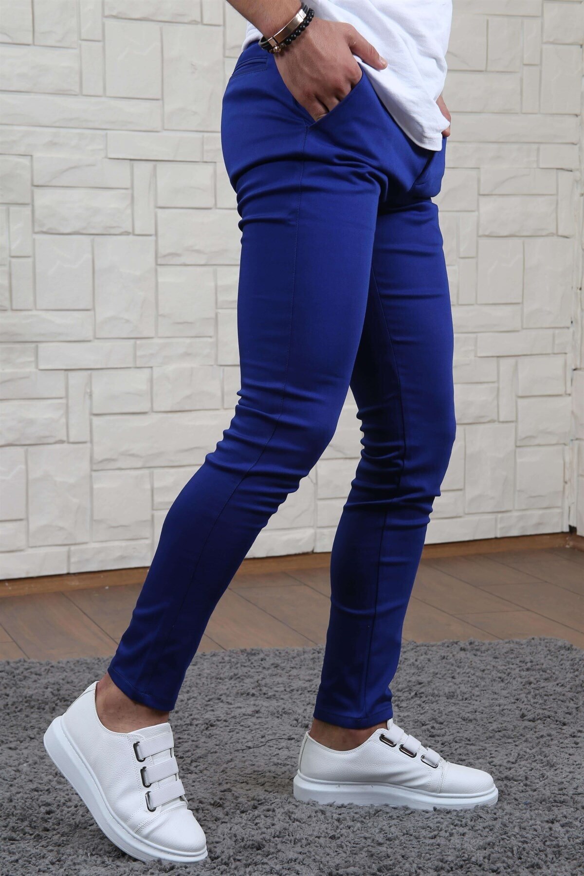 Slimfit Mannen Sax Blauwe Kleur Rechte Stof Broek Slim Lycra Winter Lente Zomer Mannen Mode Kleur Broek Dagelijks